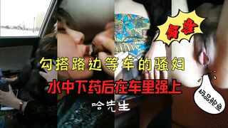 -禽兽！「哈先生」勾搭路边等车的骚妇，水中下药后在车里强上！没想到是个极品鲍鱼！